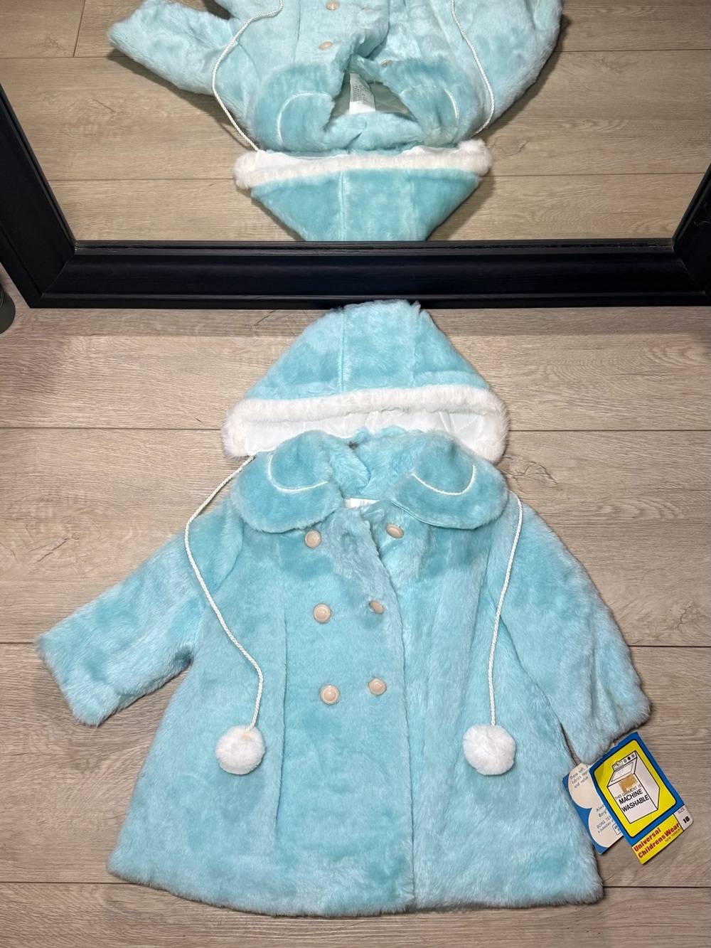 New Vintage 1970s Kids / Toddlers Blue Fur Puffer Jacket With Hood